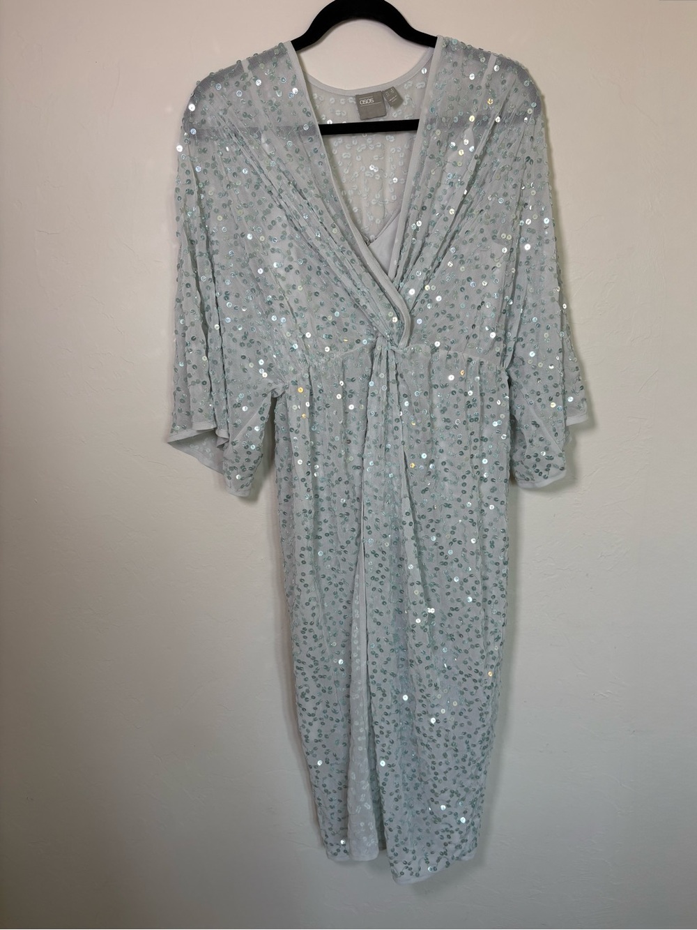ASOS Scatter Sequin Knot Front Kimono Midi Dress Size 4 Seafoam Green Pale Sage